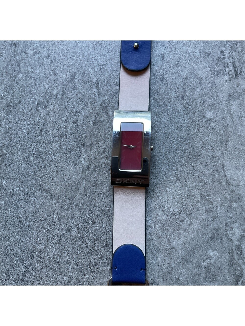 DKNY Womens 21mm Silver Tone Tank Style Watch With Red Dial & Leather Band A17